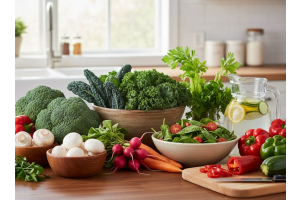 سفره‌ای رنگارنگ از سبزیجات و صیفی‌جات تازه شامل کلم بروکلی، اسفناج، هویج، و گوجه‌فرنگی در آشپزخانه، نمادی از تغذیه سالم برای کنترل دیابت.