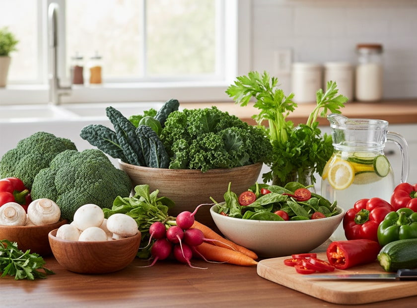 سفره‌ای رنگارنگ از سبزیجات و صیفی‌جات تازه شامل کلم بروکلی، اسفناج، هویج، و گوجه‌فرنگی در آشپزخانه، نمادی از تغذیه سالم برای کنترل دیابت.