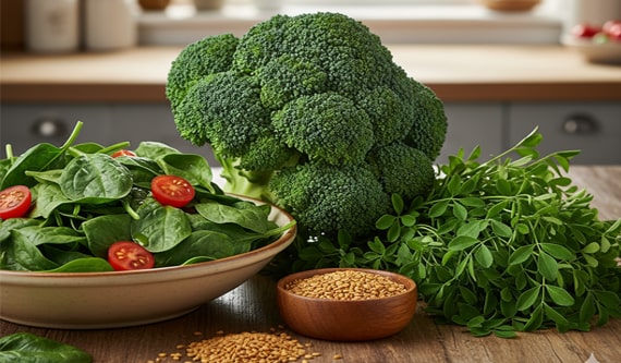 نمایی نزدیک از سبزیجات مفید برای دیابت: کلم بروکلی، دانه‌های شنبلیله، گیاه شنبلیله و اسفناج در یک کاسه، برای کنترل قند خون.