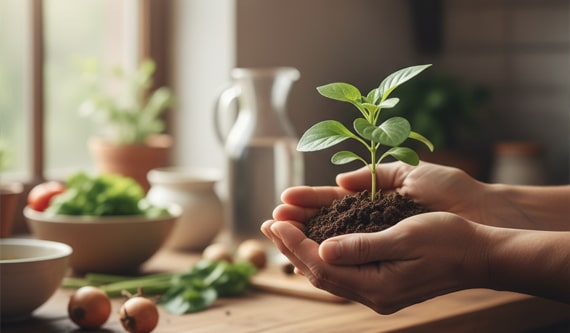 دست‌هایی که به آرامی یک گیاه سبز کوچک را در خاک نگه داشته‌اند، نمادی از شفای طبیعی، رشد و بهبودی، مرتبط با ترمیم زخم از طریق تغذیه سالم.
