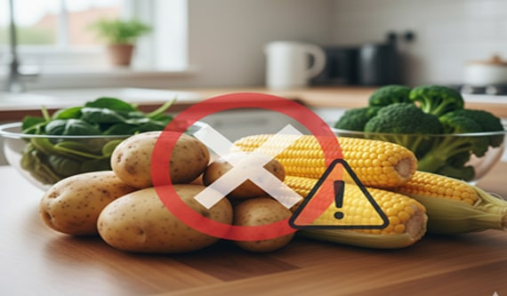 تصویری از سبزیجات نشاسته‌ای مانند سیب‌زمینی و ذرت با علامت هشدار، نشان‌دهنده مصرف با احتیاط برای افراد دیابتی.